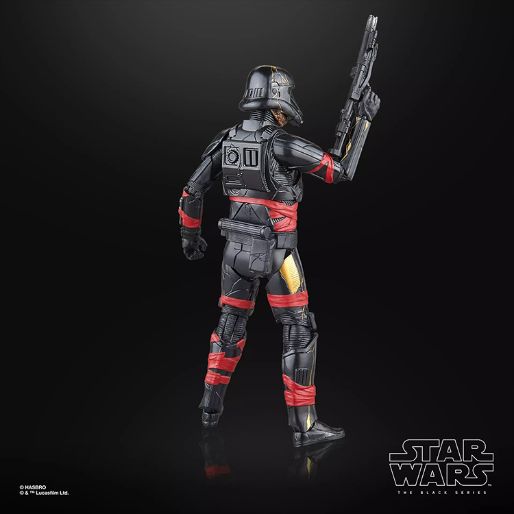 Star Wars Black Series Night Trooper action figure with detailed armor and red accents by Hasbro against black background