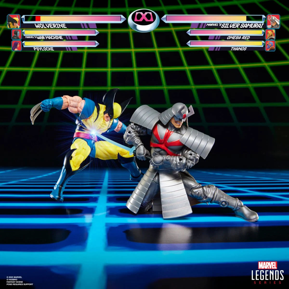 Hasbro Marvel Legends figures Wolverine and Silver Samurai in dynamic battle poses on a retro gamer grid background