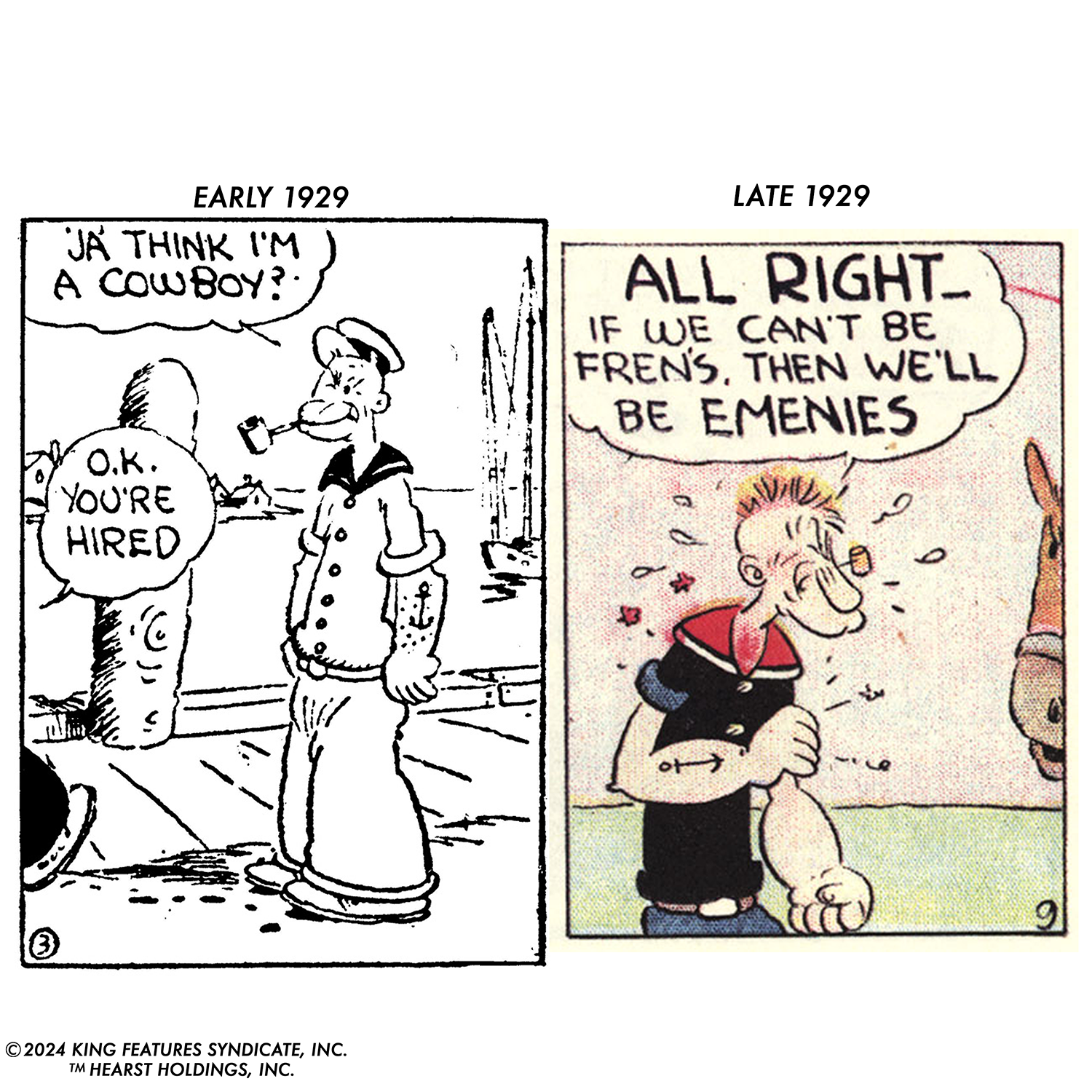 Boss Fight Studio Llc Popeye first appearance figure in white shirt blue pants with pipe and sailor hat in vintage comic style panels