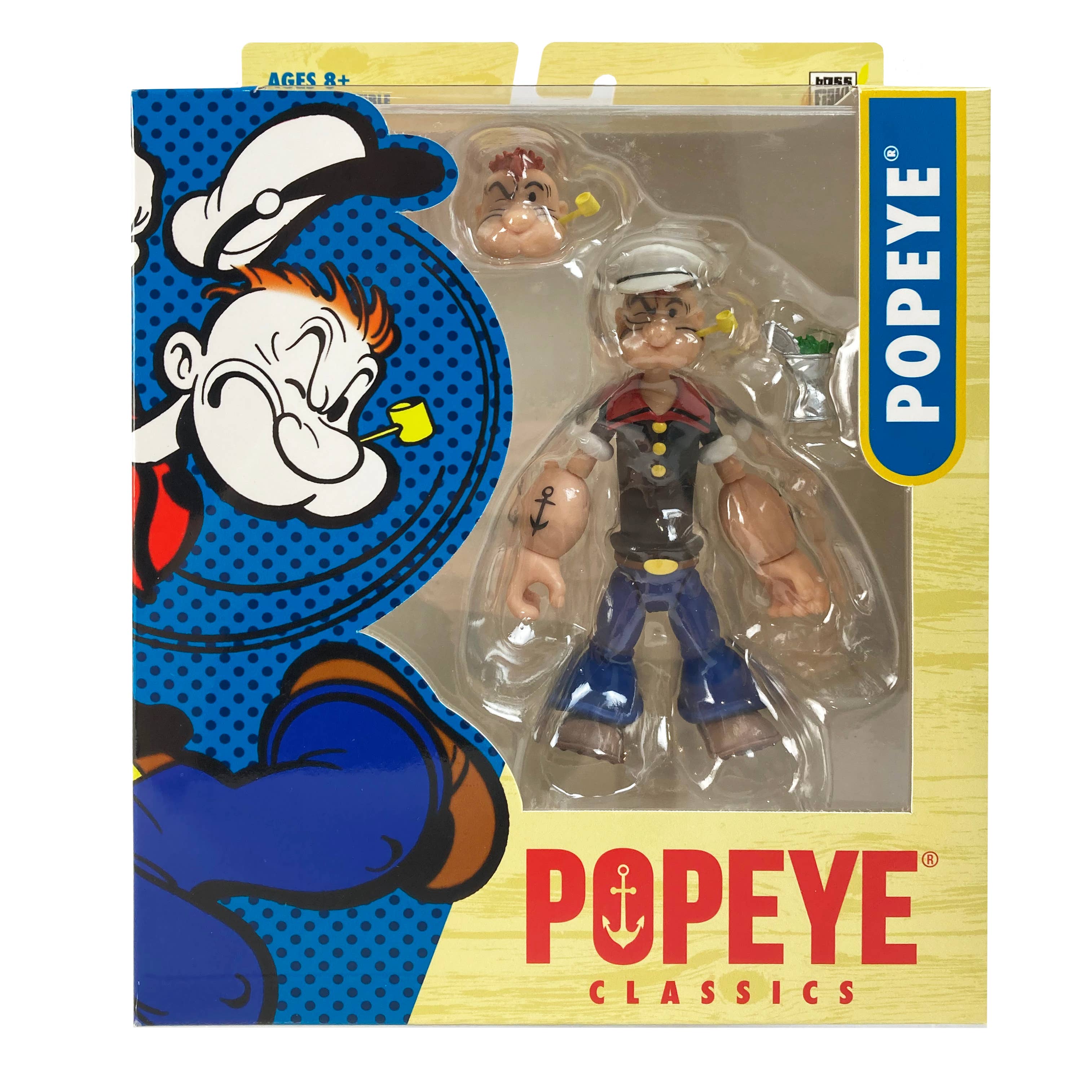 Boss Fight Studio Llc Popeye Classics action figure in black sailor shirt with anchor tattoos and alternate head accessory in window box packaging