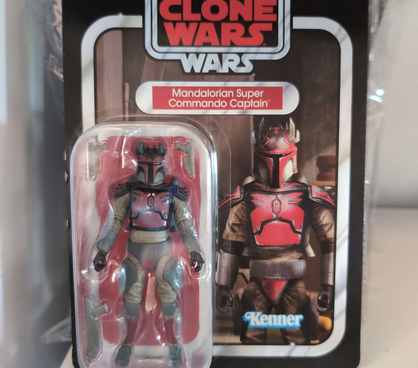 Mandalorian Super Commando Captain Star Wars action figure in packaging with red armor and blasters Hasbro Vintage Collection