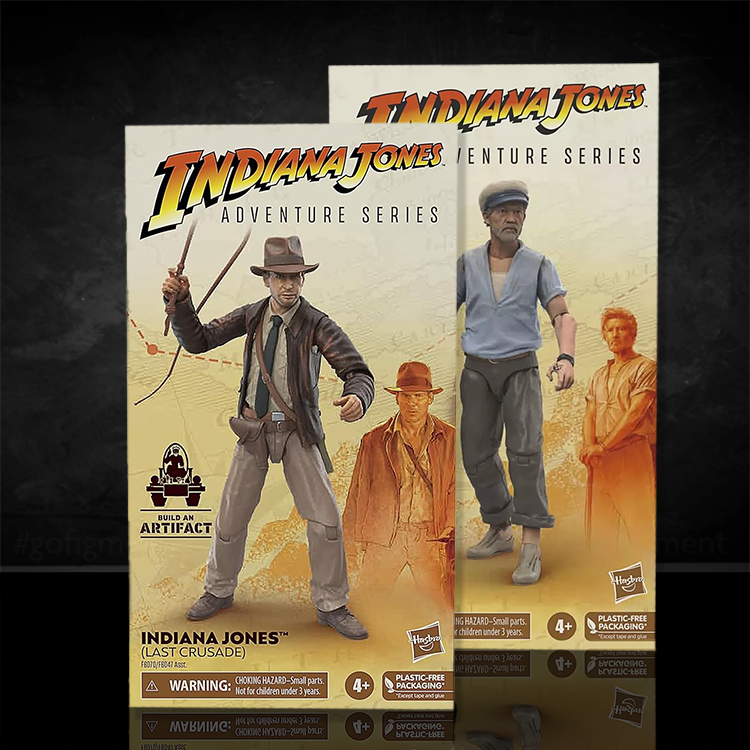 Two Hasbro Indiana Jones Adventure Series action figures from Last Crusade with classic packaging and artifact build logo