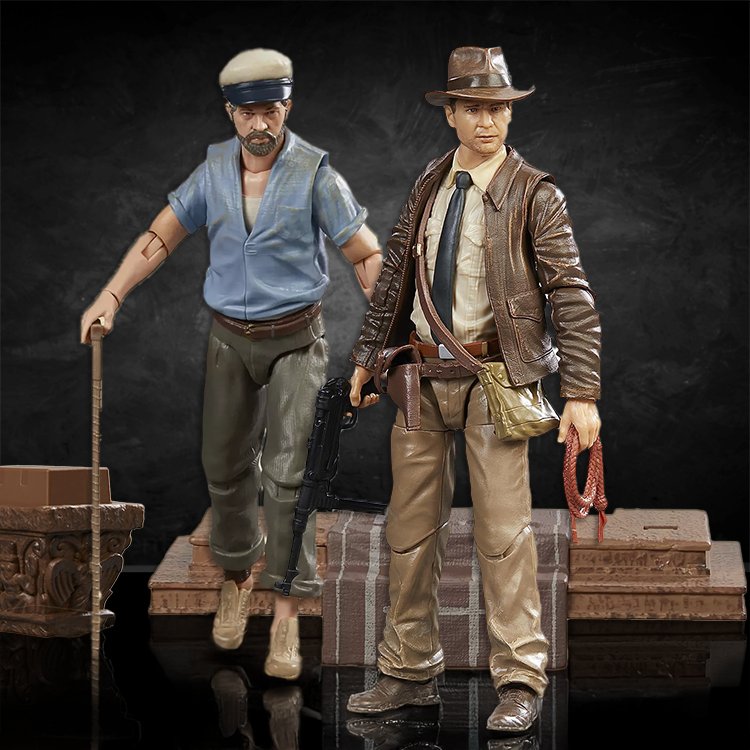 Hasbro Indiana Jones 6 figure set featuring Last Crusade characters with detailed Holy Grail artifact table background