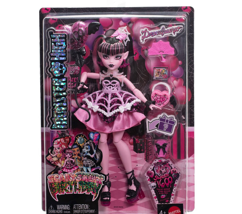 Monster High Draculaura Scary Sweet Birthday Doll in pink spider web dress with party accessories by Mattel in packaging