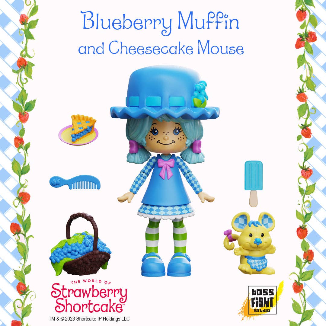 Boss Fight Studio Llc Blueberry Muffin figure with blue hat, dress, green striped socks, mouse, basket, pie, comb, and popsicle accessories