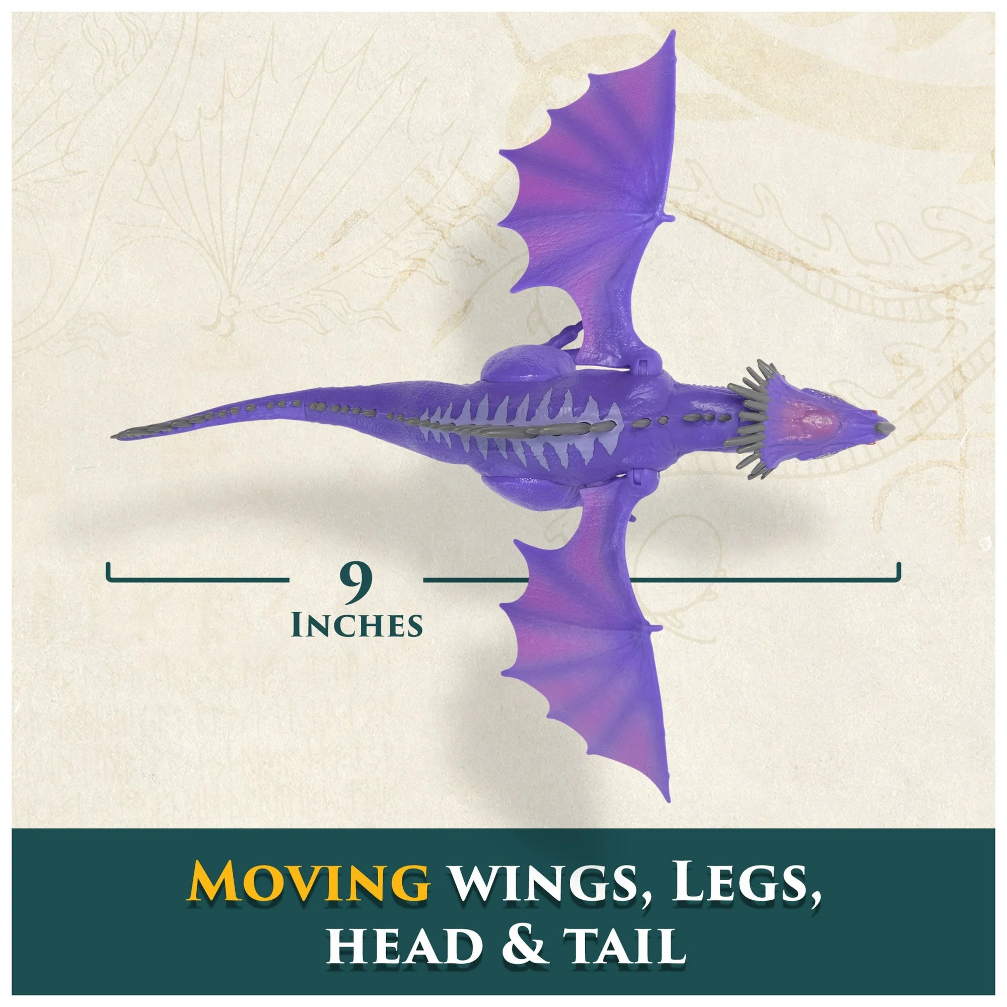 Spin Master How to Train Your Dragon purple dragon figure with articulated wings, legs, head, and tail measuring 9 inches wide.