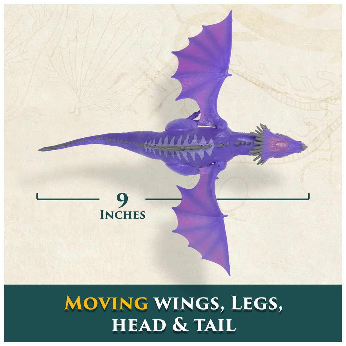 Spin Master How to Train Your Dragon purple dragon figure with articulated wings, legs, head, and tail measuring 9 inches wide.