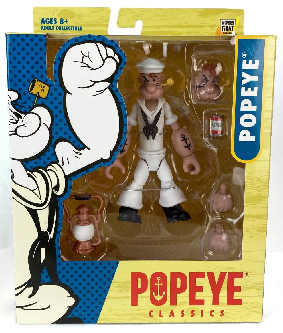 Boss Fight Studio Llc Popeye Classics figure in all white sailor suit with alternate head, hands, lantern, and spinach can accessories