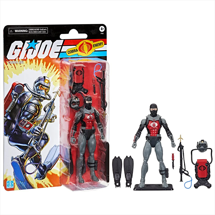 G.I. Joe Cobra Eel action figure with scuba gear and retro cardback packaging by Hasbro displayed with accessories