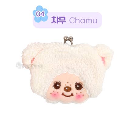 K-Wonderland Monchhichi plush snap coin purse featuring Chamu character in white fluffy bear costume with clasp closure