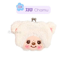 K-Wonderland Monchhichi plush snap coin purse featuring Chamu character in white fluffy bear costume with clasp closure
