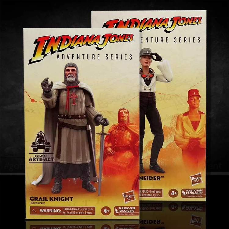 Two Indiana Jones Adventure Series figure boxes showing Hasbro Grail Knight and Schneider characters with build-an-artifact feature