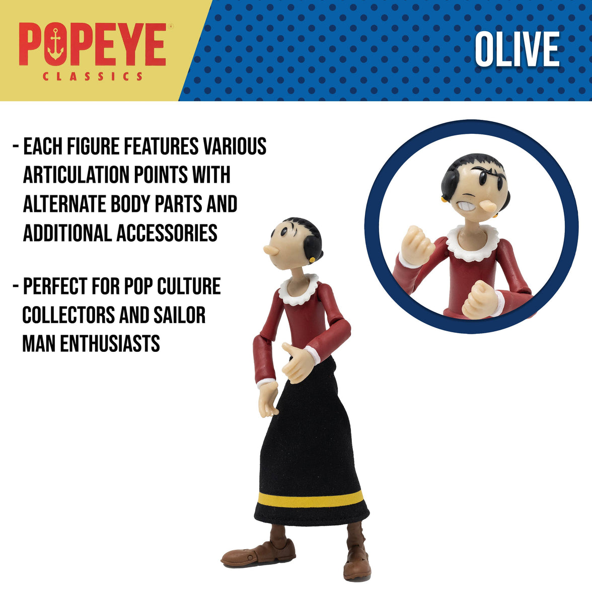 Boss Fight Studio Llc Popeye Classics Olive Oyl figure in red shirt and black skirt with yellow stripe shown with alternate face accessory
