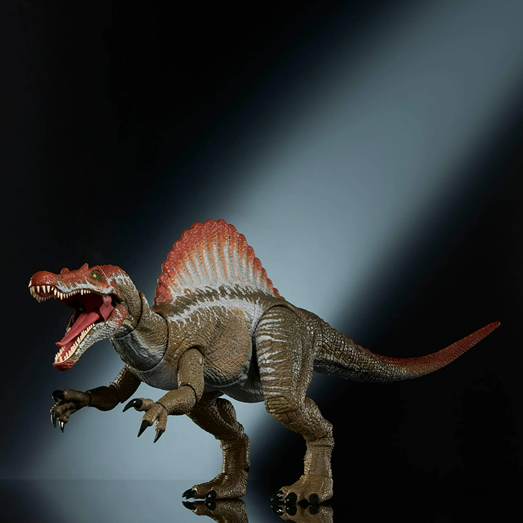 Mattel Jurassic World Spinosaurus figure with open mouth and detailed textured skin on dark gradient background