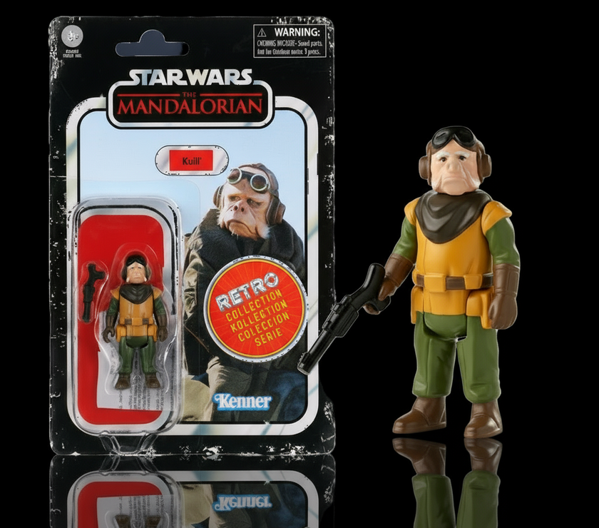 Kenner Star Wars Retro Collection Kuiil action figure 1:18 scale from The Mandalorian in packaging with blaster accessory