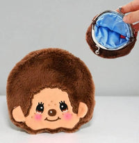 K-Wonderland Monchhichi plush snap coin purse with soft brown fur and smiling embroidered face, blue satin interior visible