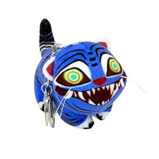 K-Wonderland K-Pop Hunters plush tiger keyring in bright blue with sharp teeth and striking green eyes embroidery