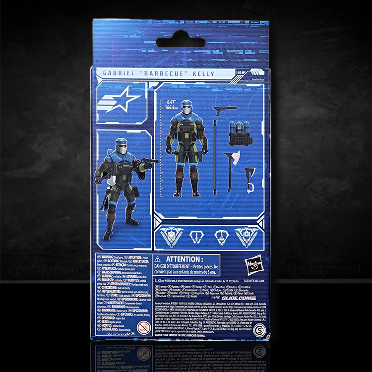 Hasbro G.I. Joe Classified Series Barbecue Kelley action figure 6in with accessories in blue packaging back view
