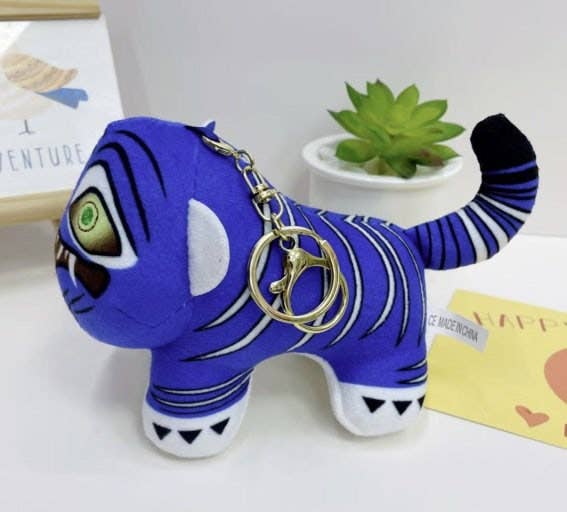 K-Wonderland K-Pop Hunters plush tiger keyring in vibrant blue with detailed black stripes and green embroidered eyes