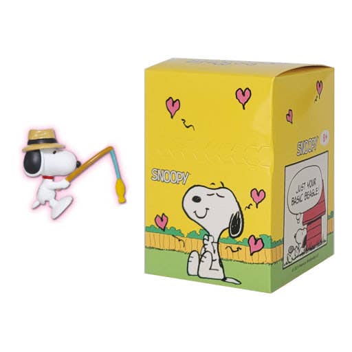 K-Wonderland Peanuts Snoopy blind box figure showing Snoopy fishing with a straw hat and colorful fishing rod next to packaging