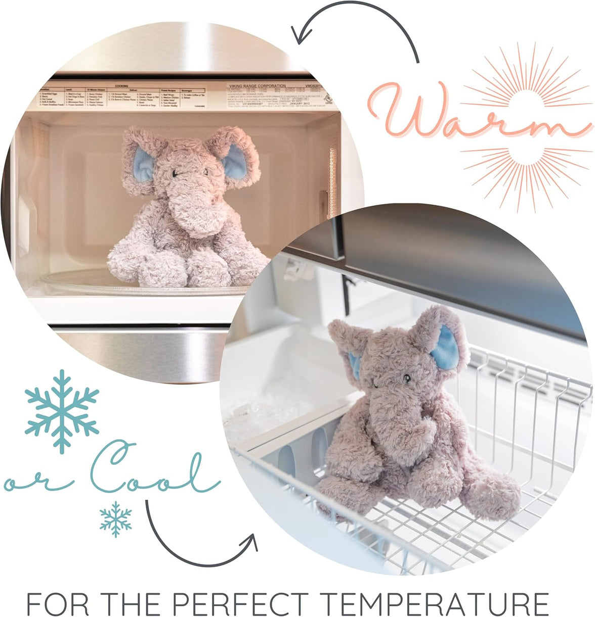 Microwavable and freezable plush elephant demonstrating warm and cool therapy options for soothing comfort.