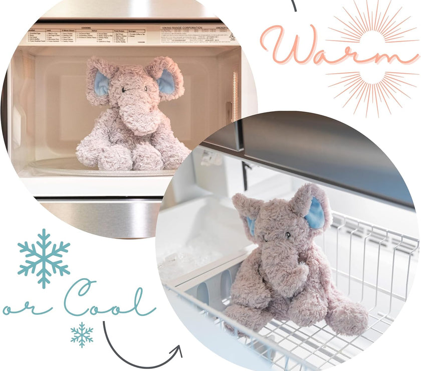 Microwavable and freezable plush elephant demonstrating warm and cool therapy options for soothing comfort.