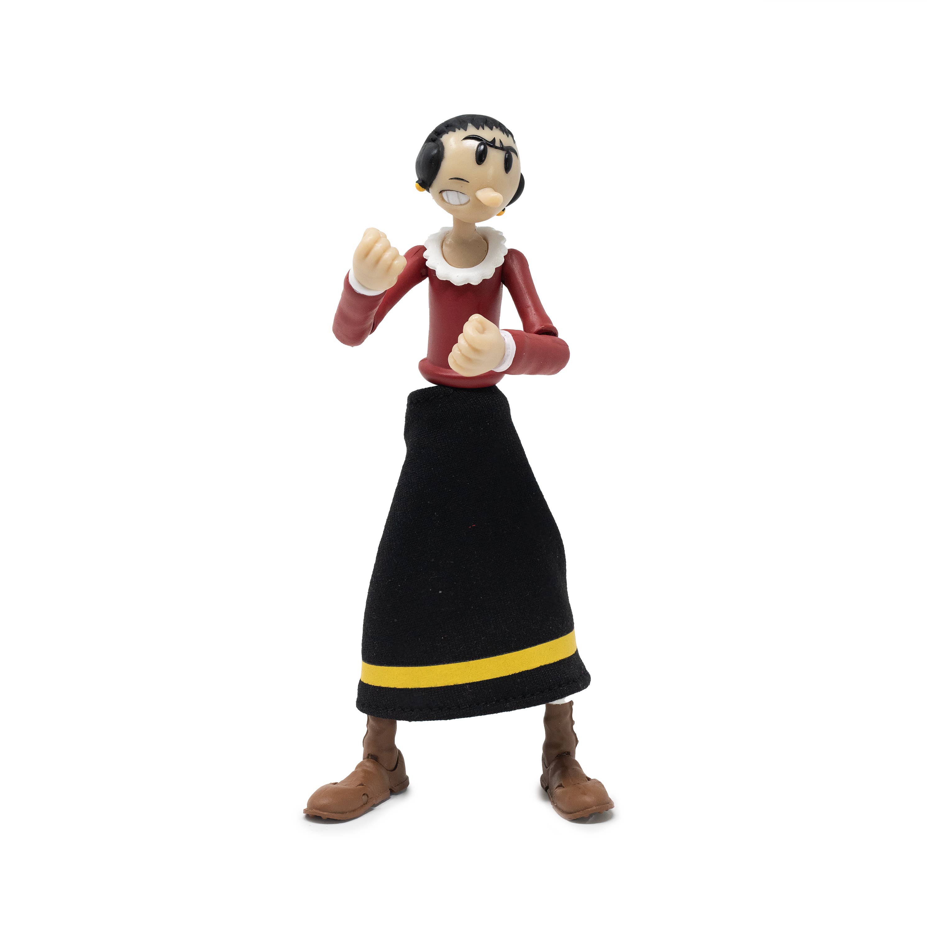 Boss Fight Studio Llc Olive Oyl figure in red top and black skirt with yellow stripe standing with fists raised on white background