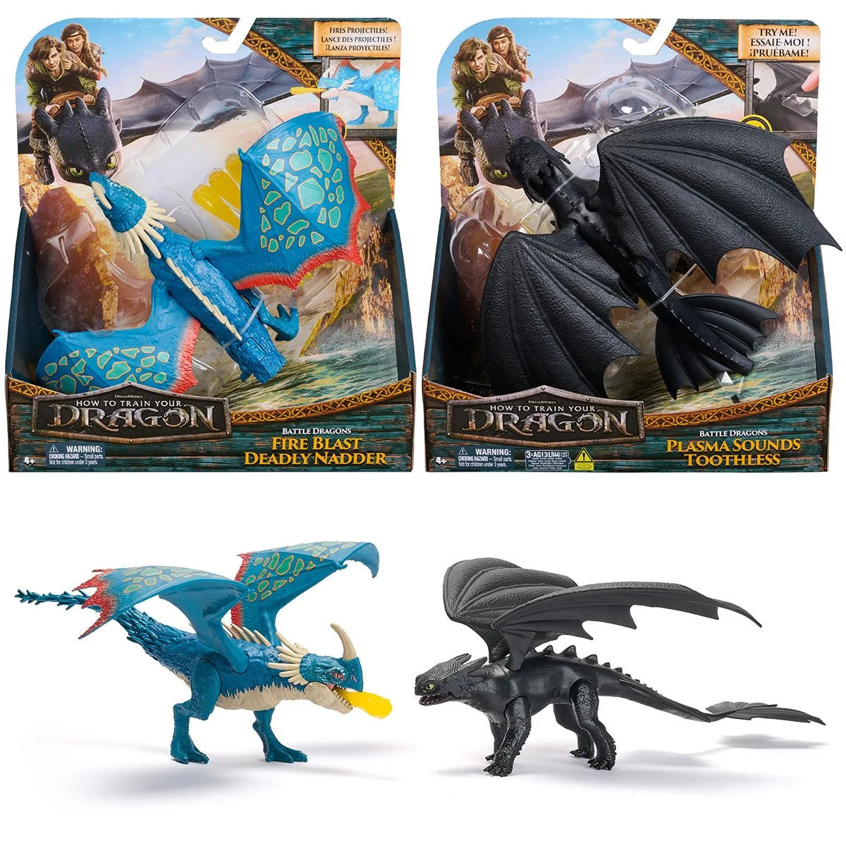 How to Train Your Dragon Fire Blast Deadly Nadder and Plasma Sounds Toothless dragon figures in packaging and outside view