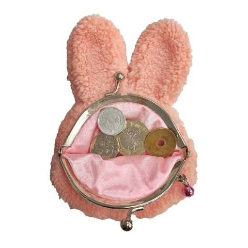 K-Wonderland Monchhichi plush snap coin purse with pink rabbit ears and soft interior holding coins