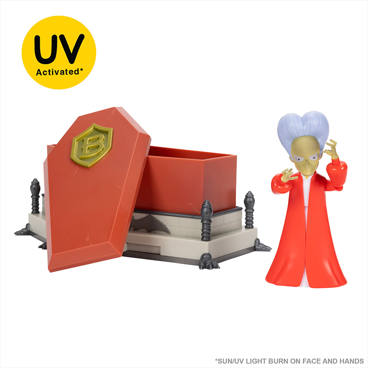 Jakks Pacific Vampire Mr. Burns 5-inch action figure with open coffin accessory and UV activated color-changing details