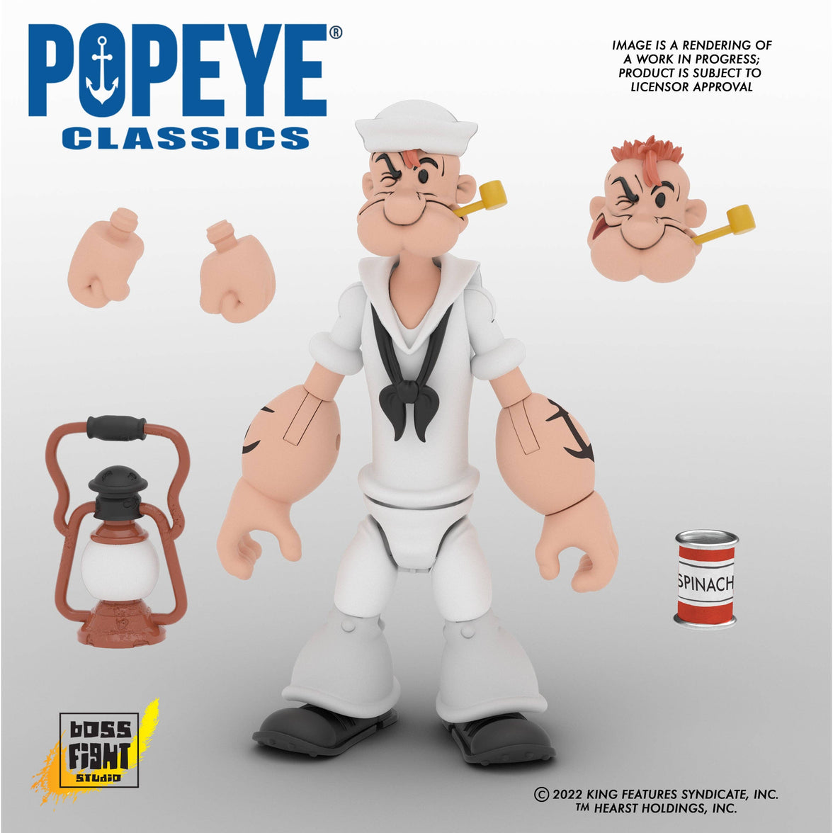 Boss Fight Studio Llc Popeye figure in white sailor outfit with pipe, alternate head, hands, spinach can, and lantern accessories