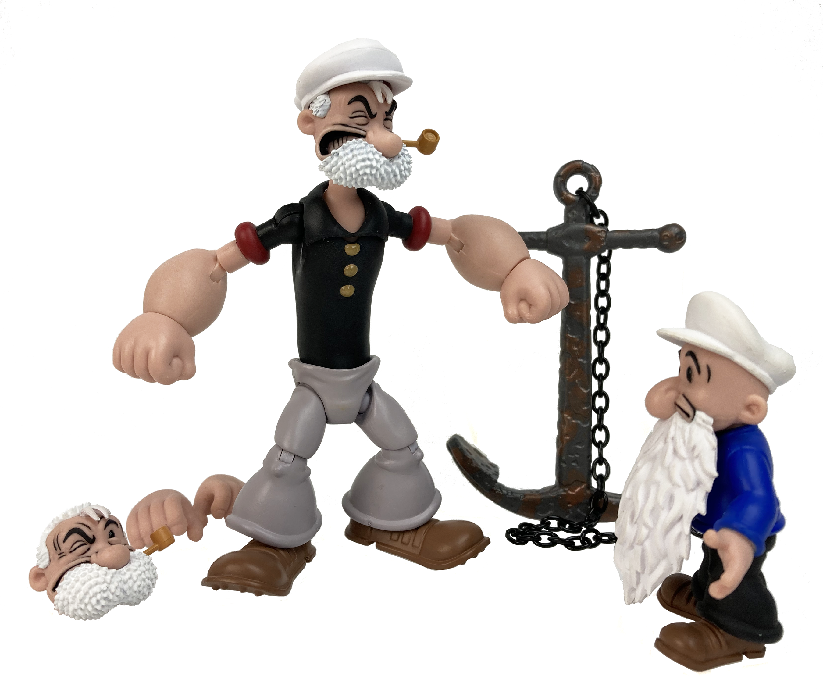 Boss Fight Studio Llc Poopdeck Pappy action figure with black shirt, gray pants, pipe, extra head, and rusty anchor accessory on white background