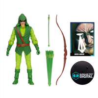 McFarlane Green Arrow 7-inch action figure with hood, bow, arrows, display stand, and character card set