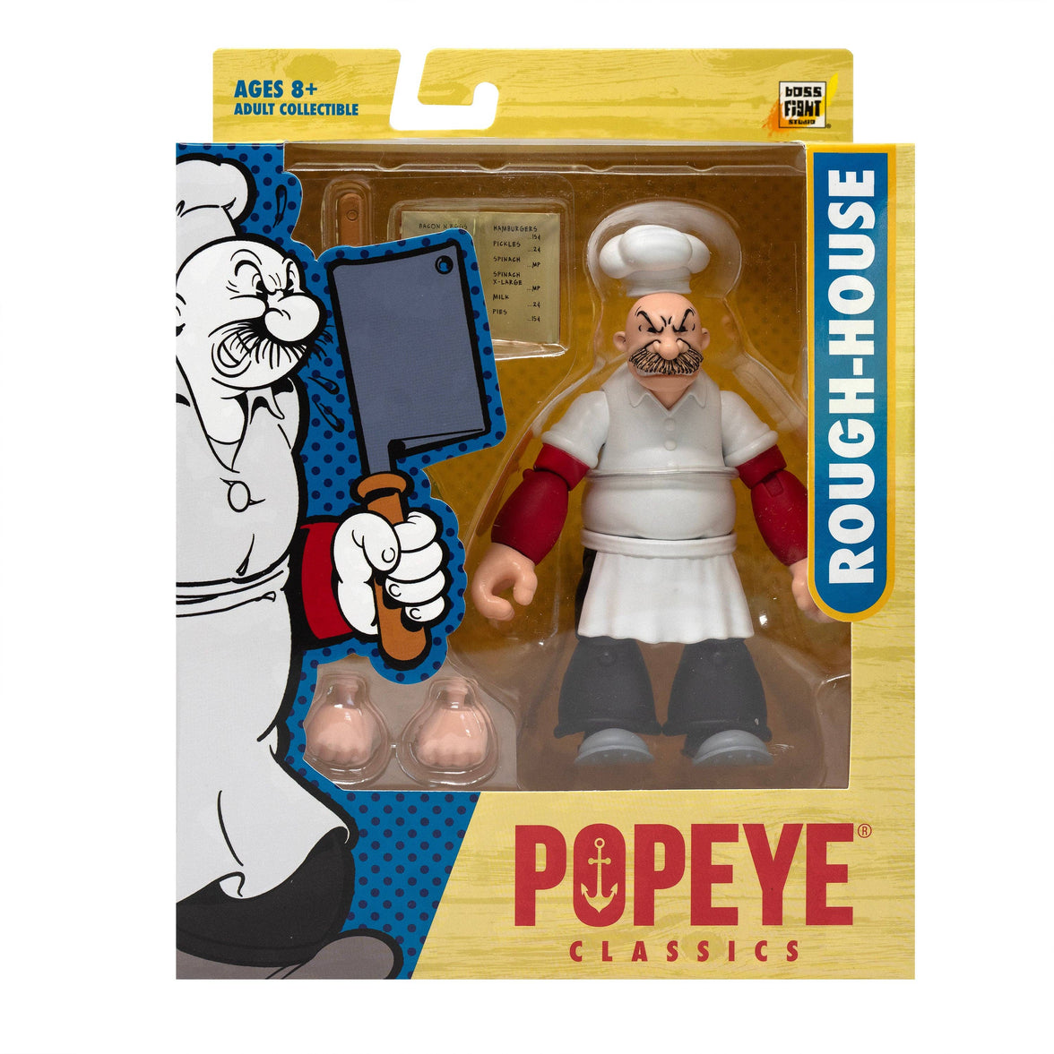 Boss Fight Studio Llc Rough-House Popeye Classics figure in chef outfit with cleaver and extra hands in packaging