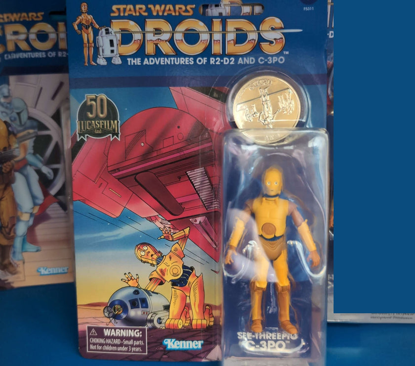 C-3PO Star Wars Droids action figure vintage collection with coin in Kenner packaging by Hasbro