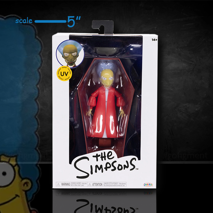 Jakks Pacific Vampire Mr. Burns 5-inch action figure from The Simpsons in coffin-shaped window box packaging