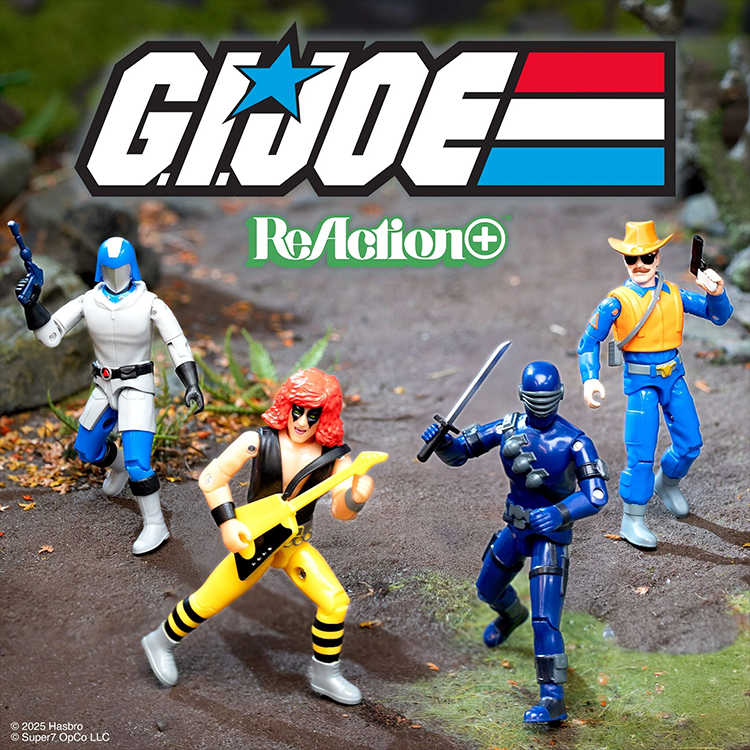 Four Hasbro GI Joe ReAction Plus action figures posed outdoors on dirt and grass background with logo above