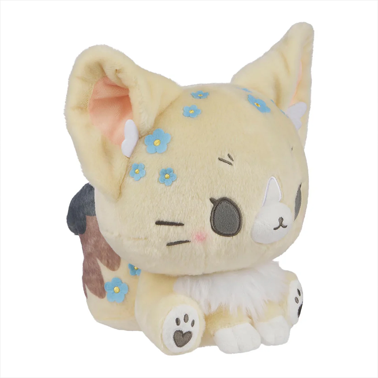 Birduyen Forget-Me-Not Fennec Fox plush with blue flower accents and soft cream fur sitting on white background