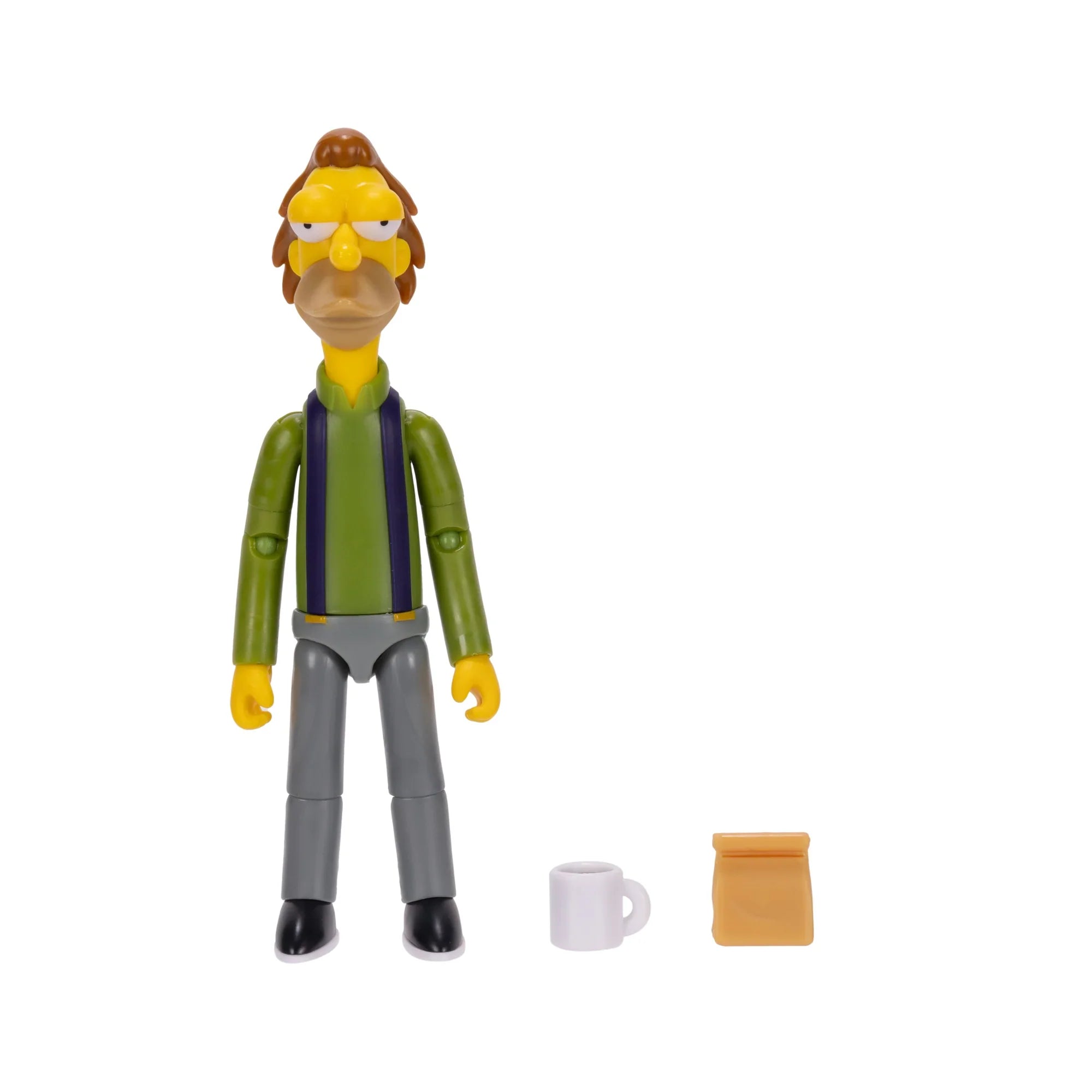 Jakks Pacific Lenny Leonard 5 inch Simpsons action figure with gray pants green shirt mug and brown bag accessory