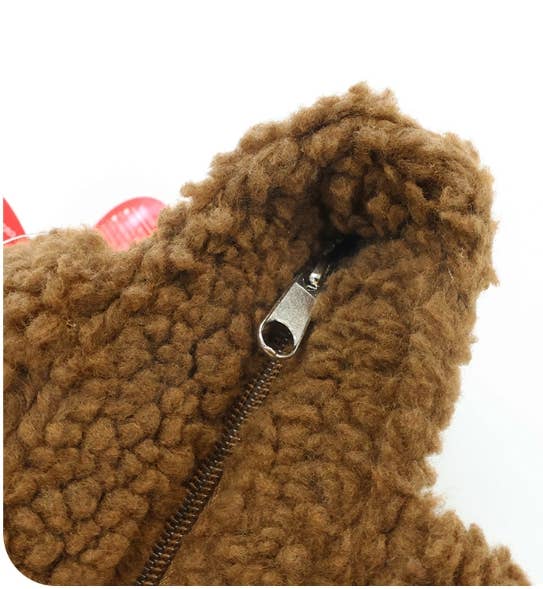 Close-up of K-Wonderland Monchhichi boa insulated lunch tote showing brown teddy-fleece texture and zipper pull