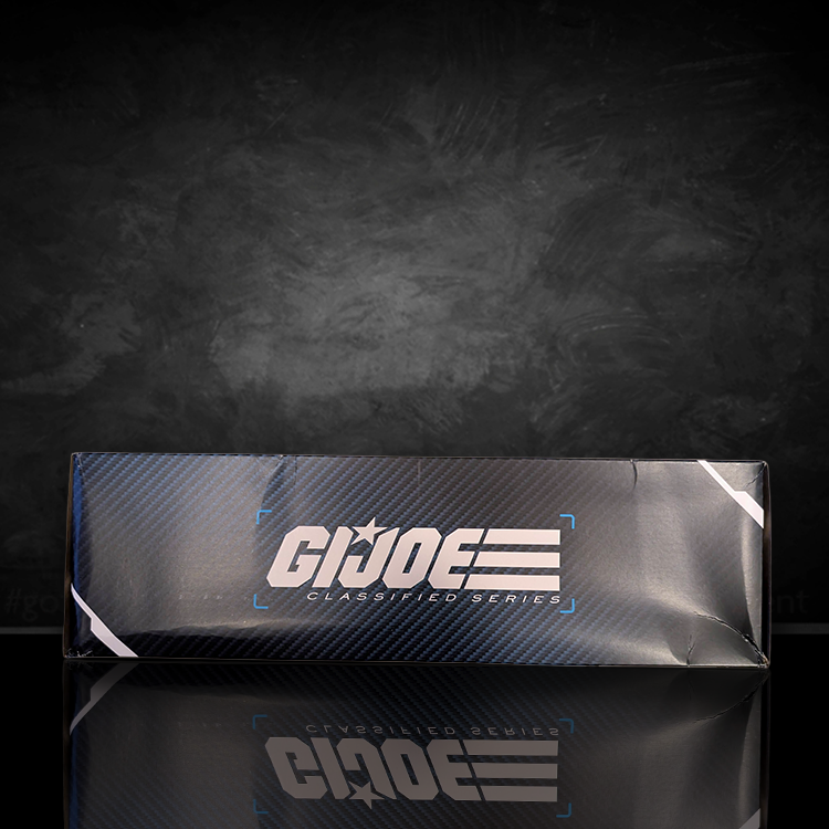 Hasbro G.I. Joe Classified Series black box with logo showing crease and cosmetic damage on packaging side