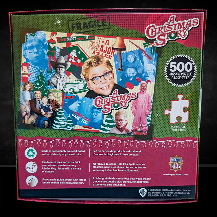 Master Pieces A Christmas Story 500 piece puzzle featuring classic movie scenes and iconic holiday quotes in packaging