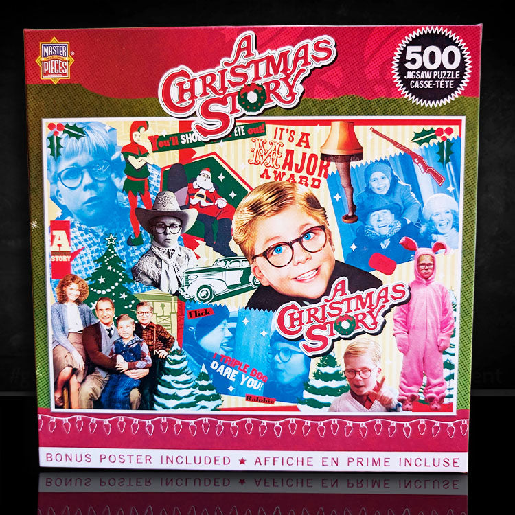 Master Pieces A Christmas Story 500 piece puzzle featuring iconic scenes and characters with bonus poster included