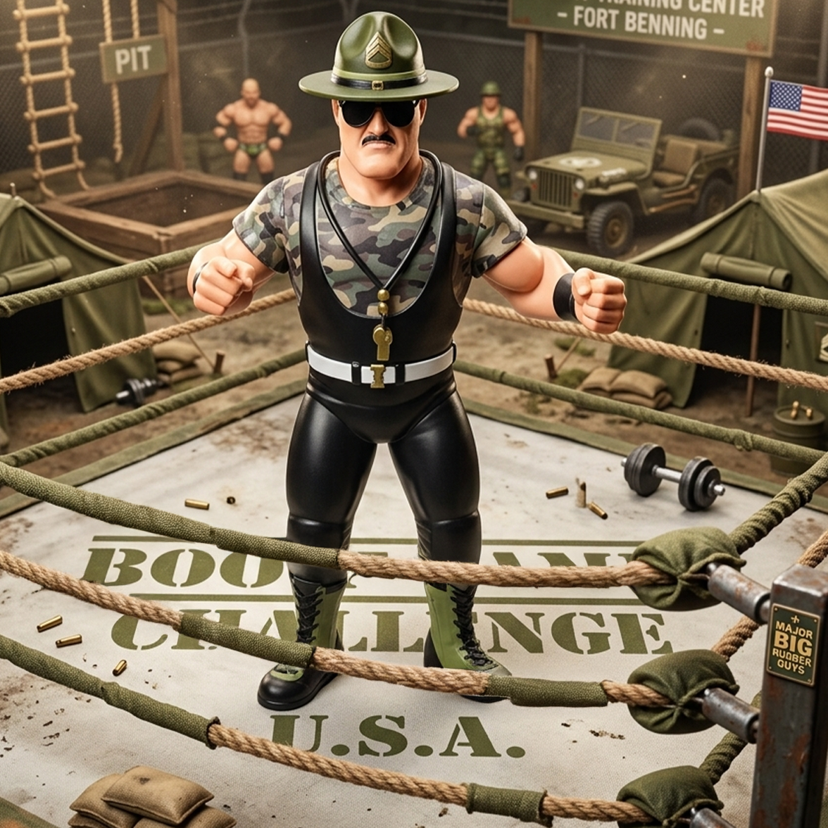 Sgt. Slaughter Major Big Rubber Guys 1:9 Scale 8-Inch Posed Wrestling Figure by Major in military ring setting