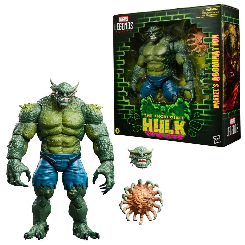 Hasbro Marvel Legends 6-inch Abomination figure with muscular green skin and blue torn shorts with extra head and accessory in packaging