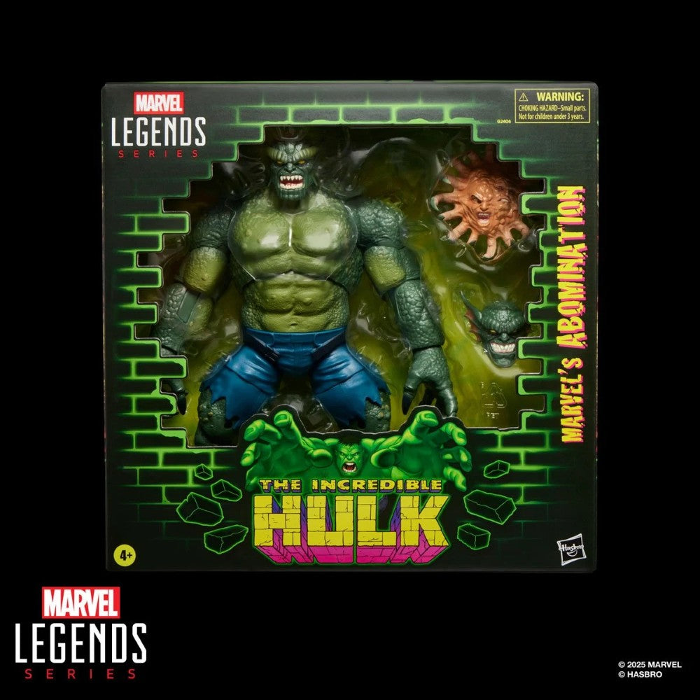 Hasbro Marvel Legends 6-inch Abomination figure with green muscular body, blue pants, and monstrous heads in window box packaging