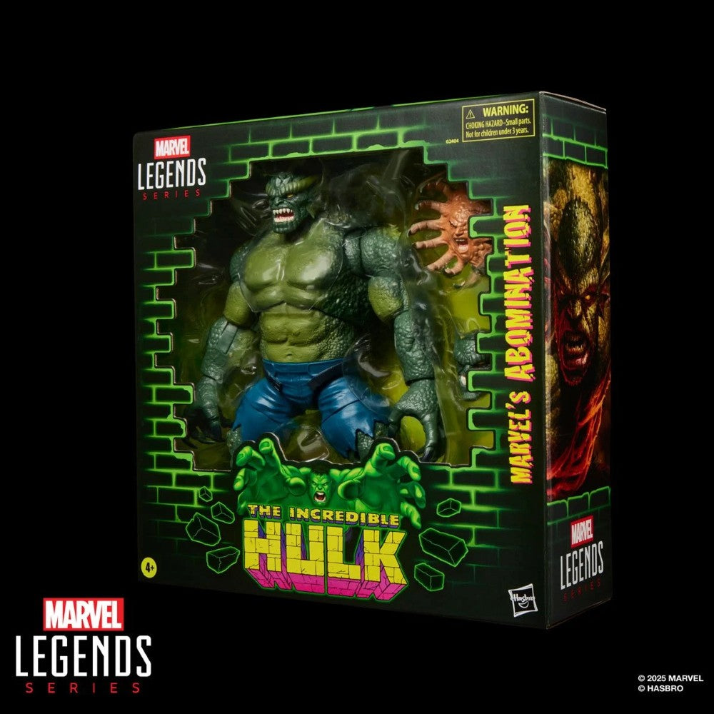 Hasbro Marvel Legends 6-inch Abomination figure with muscular green skin and torn blue pants in detailed window box packaging