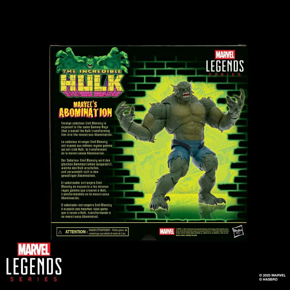 Hasbro Marvel Legends 6-inch Abomination figure with gray-green skin and torn blue pants in detailed branded packaging