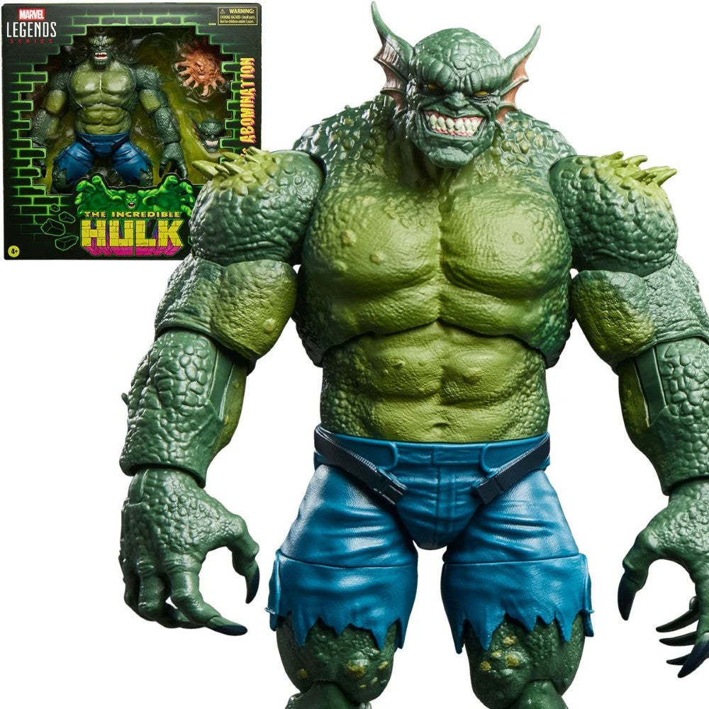 Hasbro Marvel Legends 6-inch Abomination figure with textured green scales and torn blue shorts beside packaging with collectible display