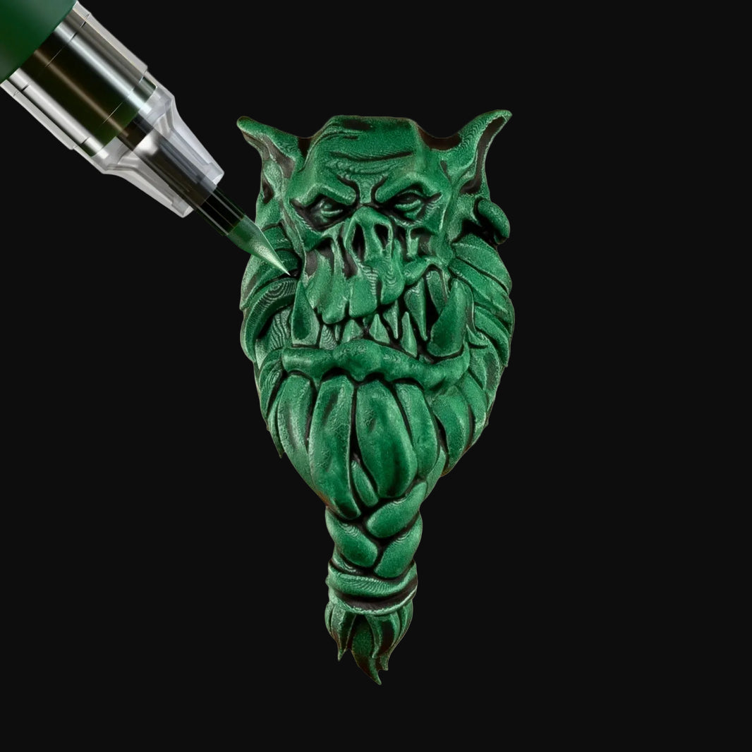 Absolution Green Army Painter Speedpaint Marker - One-Coat Miniature Paint SM1000P detailing a green fantasy miniature face by Army Painter
